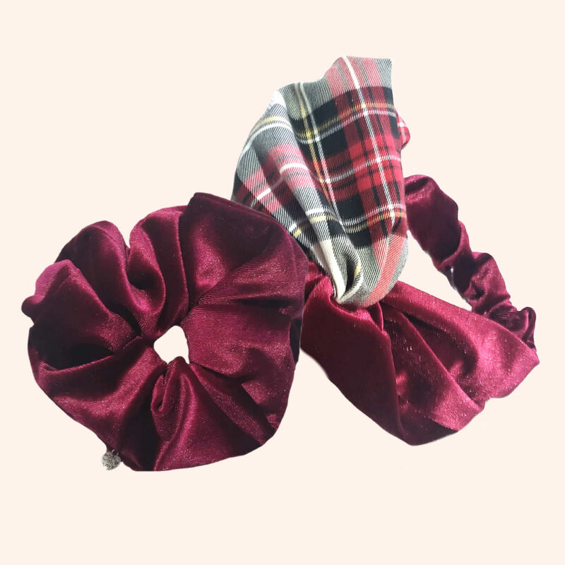 Fascia + scrunchie fantasia in Tartan di pura lana e velluto